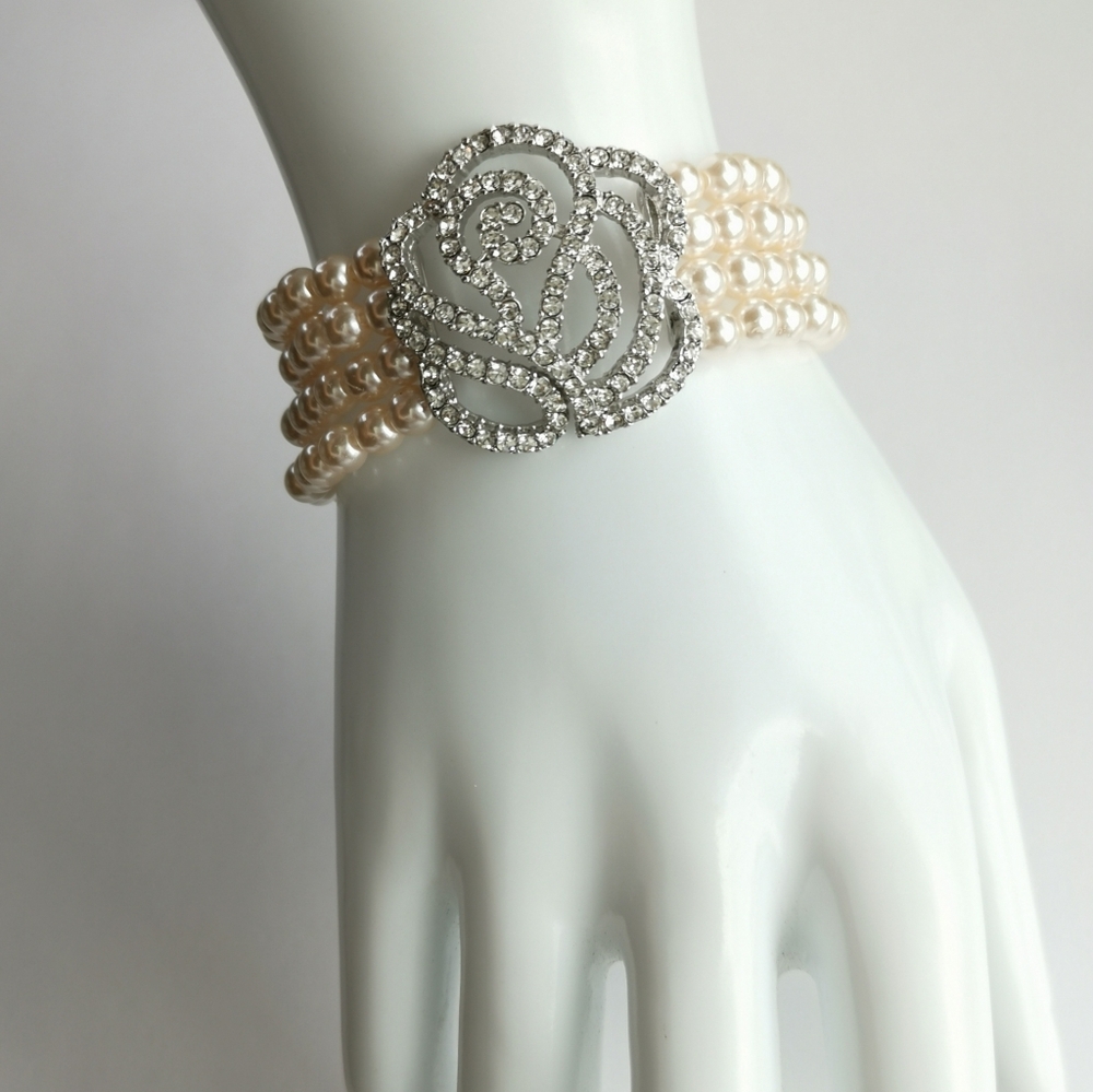 Crystal Rose Cream Pearl Cuff Bracelet 7 to 7.5 Inch